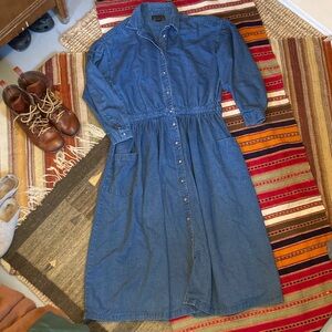 VTG Eddie Bauer 80s Denim Maxi Dress Women's L Modest Button Front Made in U.S.A